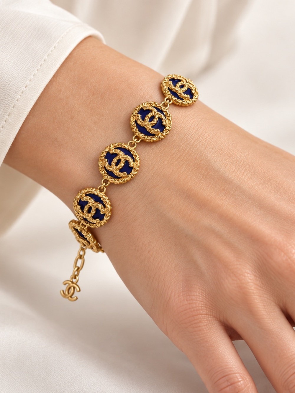 Gold-Tone Bracelet with Navy Enamel Medallions